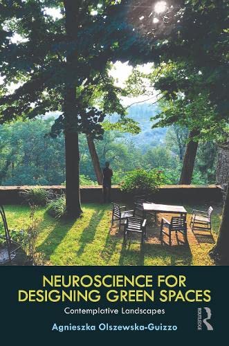 The book cover of a new book "Neuroscience for Designing Green Spaces: Contemplative Landscapes" It featues a silhouette of a person looking at the beautiful landscape view with a shape of a city on a horizon. There are tall old trees and sunshine shining through them. There are also chairs and a table behind a person standing on a grassy ground